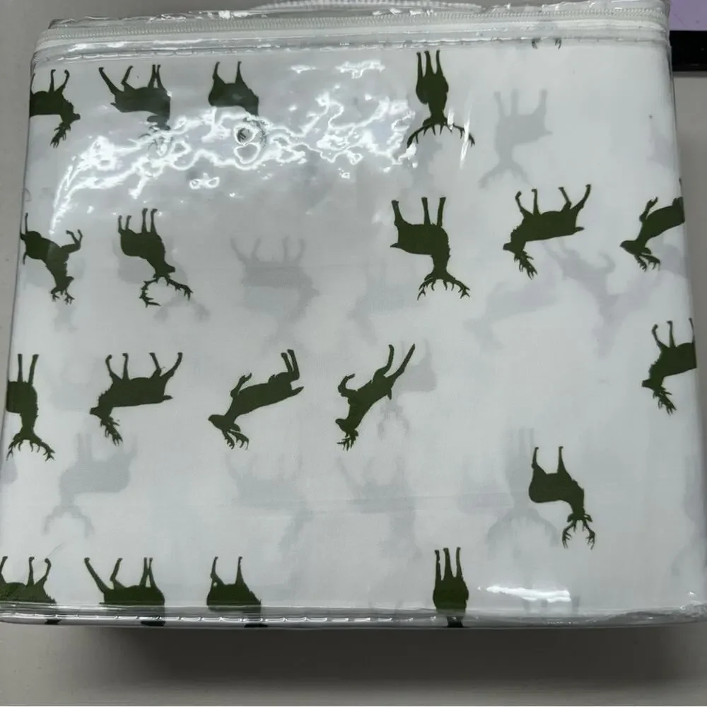 Queen Size Microfiber Duvet Cover White & Green Deer Print Christmas Holiday NEW